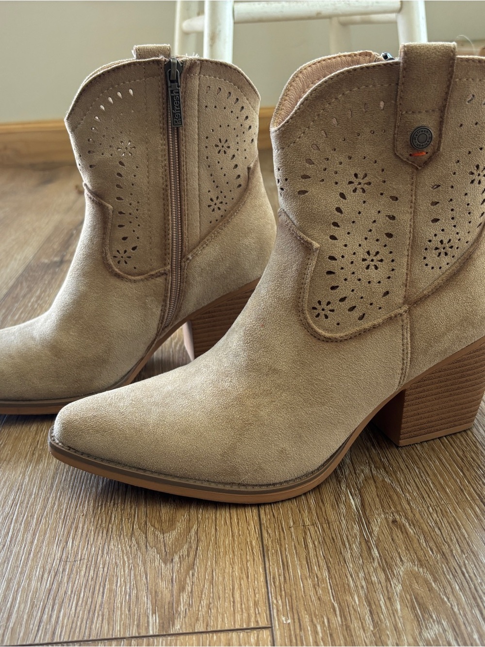 Refresh Beige Suede Western Ankle Boots with Laser Cut Detail